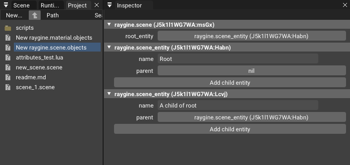 New inspector view showing a selected scene asset with some content: the scene's object, pointing to the root entity which has a child. Each scene entity has a button to add new children to that entity.