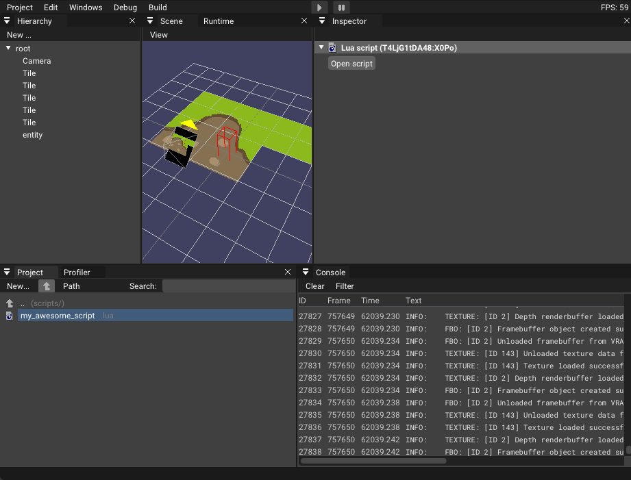 Raygine editor gif showing creating a script asset